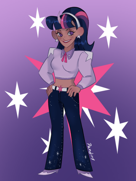 Size: 768x1024 | Tagged: safe, artist:pandiny11, derpibooru import, twilight sparkle, human, alternate hairstyle, belly button, boots, clothes, cutie mark background, dark skin, denim, ear piercing, earring, female, gradient background, grin, hairband, high heel boots, horn, horned humanization, humanized, image, jeans, jewelry, lipstick, makeup, midriff, pants, piercing, png, shirt, shoes, smiling, solo