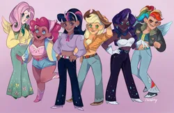 Size: 1686x1095 | Tagged: safe, artist:pandiny11, derpibooru import, applejack, fluttershy, pinkie pie, rainbow dash, rarity, twilight sparkle, human, alternate hairstyle, applejack's hat, bandaid, belly button, belt, blushing, bomber jacket, boots, bra, clothes, coat, cowboy boots, cowboy hat, crop top bra, dark skin, denim, ear piercing, earring, eyeshadow, female, flannel, freckles, gloves, gradient background, grin, hairband, hat, high heel boots, high heels, horn, horned humanization, humanized, image, jacket, jeans, jewelry, jpeg, lipstick, makeup, mane six, midriff, nail polish, open mouth, pants, piercing, ponytail, shirt, shoes, short shirt, shorts, smiling, sports bra, sweater, sweatershy, underwear, vest, wall of tags, winged humanization, wings