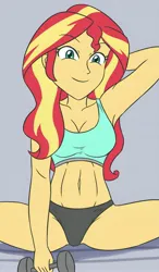 Size: 2398x4096 | Tagged: suggestive, artist:sumin6301, derpibooru import, sunset shimmer, equestria girls, arm behind head, arms, belly, black panties, black underwear, bra, breasts, busty sunset shimmer, clothes, dumbell, elbows, gray background, hand behind back, high res, image, jpeg, looking at you, muscles, orange hair, panties, red hair, simple background, sitting, smiling, smiling at you, spread legs, spreading, stupid sexy sunset shimmer, teal bra, thighs, underwear, weight