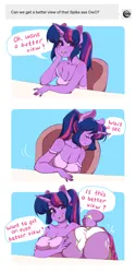 Size: 1086x2173 | Tagged: suggestive, artist:tolsticot, derpibooru import, spike, twilight sparkle, anthro, dog, pony, unicorn, ask, ass, bare shoulders, breasts, busty twilight sparkle, butt, cleavage, clothes, comic, crotch bulge, dialogue, dogified, duo, duo male and female, female, female focus, femboy, femboy spike, image, looking at you, male, mare, offscreen character, panties, png, smiling, smiling at you, solo focus, species swap, speech bubble, tail, tail pull, talking to viewer, tumblr, underwear, unicorn twilight