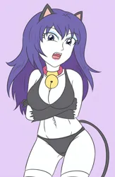 Size: 2664x4096 | Tagged: suggestive, artist:sumin6301, derpibooru import, rarity, equestria girls, arm under breasts, arms, bell, bell collar, belly, belly button, belly piercing, black bra, black panties, black tail, black underwear, bra, breasts, busty rarity, cat ears, cat tail, clothes, collar, costume, eye, eyebrows, eyebrows visible through hair, eyes, gloves, high res, image, jpeg, long hair, looking at you, open mouth, panties, piercing, purple background, purple eyes, purple hair, raricat, shy, simple background, socks, standing, tail, teeth, thighs, underwear, white socks