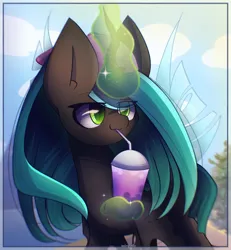 Size: 2400x2600 | Tagged: safe, artist:miryelis, derpibooru import, queen chrysalis, changeling, alcohol, big ears, cocktail, drink, drinking, female, glow, glowing horn, hat, horn, image, long hair, magic, png, simple background, sky, solo, wings
