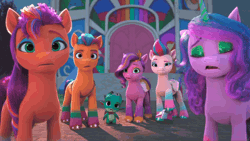 Size: 1920x1080 | Tagged: safe, derpibooru import, screencap, hitch trailblazer, izzy moonbow, pipp petals, sparky sparkeroni, sunny starscout, zipp storm, g5, my little pony: make your mark, spoiler:g5, spoiler:my little pony: make your mark, spoiler:my little pony: make your mark chapter 4, spoiler:mymc04e05, animated, awkward, blinking, confused, dyed mane, eyeshadow, fabulous, gif, image, makeup, mane five, mascara, my little pony: make your mark chapter 4, outdoors, silence, stare, striped mane, the manesquerade ball