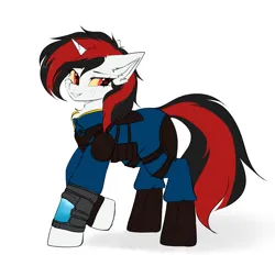 Size: 1837x1781 | Tagged: safe, artist:thieftea, derpibooru import, oc, oc:blackjack, pony, unicorn, fallout equestria, fallout equestria: project horizons, armor, black and red mane, clothes, fanfic art, female, horn, image, jumpsuit, looking at you, mare, pipbuck, png, red eyes, simple background, smiling, smiling at you, smirk, solo, solo female, two toned mane, unicorn oc, vault suit, white background, yellow sclera