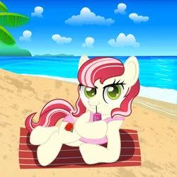 Size: 1250x1250 | Tagged: safe, artist:spellboundcanvas, derpibooru import, oc, oc:strawberry seams, pegasus, alcohol, beach, clothes, cocktail, commission, drink, drinking, image, looking at you, png, solo, swimsuit, towel, ych result