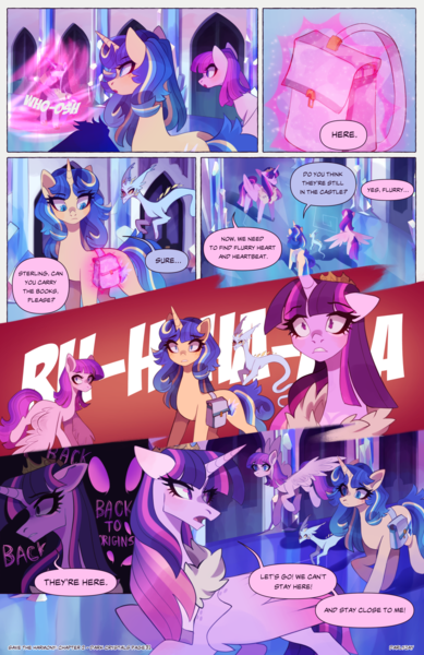 Size: 2301x3549 | Tagged: safe, artist:darlyjay, derpibooru import, twilight sparkle, twilight sparkle (alicorn), oc, oc:atlas, oc:starfall sparkle, oc:sterling sentry, alicorn, dragon, pegasus, pony, unicorn, comic:save the harmony, female, image, magic, mare, offspring, parent:flash sentry, parent:twilight sparkle, parents:flashlight, png