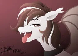 Size: 3694x2624 | Tagged: safe, artist:andaluce, artist:imalou, derpibooru import, oc, oc:choco blanc, bat pony, pony, abstract background, collar, ear fluff, fangs, image, open mouth, png, solo, tongue out