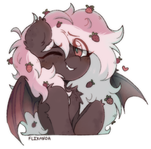 Size: 526x520 | Tagged: safe, artist:fefof, artist:flixanoa, derpibooru import, oc, oc:strawberry mousse cake, unofficial characters only, bat pony, pony, bat wings, brown, chest fluff, ear fluff, fangs, female, fluffy, food, fully shaded, heart, image, looking at you, mare, one eye closed, pink, pink mane, png, simple background, solo, strawberry, transparent background, wings, wink, winking at you