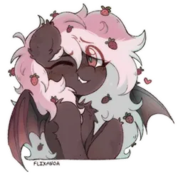 Size: 526x520 | Tagged: safe, artist:fefof, artist:flixanoa, derpibooru import, oc, oc:strawberry mousse cake, unofficial characters only, bat pony, pony, bat wings, brown, chest fluff, ear fluff, fangs, female, fluffy, food, fully shaded, heart, image, looking at you, mare, one eye closed, pink, pink mane, png, simple background, solo, strawberry, transparent background, wings, wink, winking at you