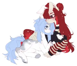 Size: 2159x1841 | Tagged: safe, artist:ruru_01, derpibooru import, oc, unofficial characters only, earth pony, pony, unicorn, bunny ears, clothes, couple, cuddling, cute, hoof fluff, image, lying down, png, simple background, solo, white background