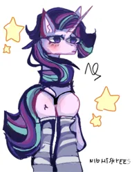 Size: 3500x4500 | Tagged: suggestive, artist:nightskyees, derpibooru import, pony, unicorn, ass, awkward, blush lines, blush sticker, blushing, butt, clothes, ear fluff, fluffy, hooves, horn, image, long hair, long horn, long mane, looking at you, panties, png, shading, socks, stars, stockings, striped socks, stripes, thigh highs, thong, underwear