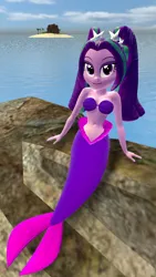 Size: 1080x1920 | Tagged: suggestive, artist:oatmeal!, derpibooru import, aria blaze, mermaid, siren, equestria girls, 3d, bare shoulders, belly button, bikini, bikini top, clothes, fish tail, gmod, image, looking at you, mermaid tail, mermaidized, ocean, png, sitting, species swap, swimsuit, tail, water