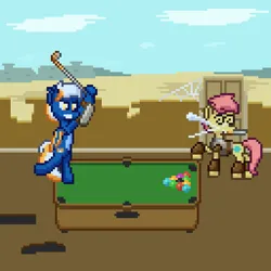 Size: 512x512 | Tagged: safe, artist:nitobit, derpibooru import, unnamed character, unnamed pony, oc, oc:moonlight wane, bat pony, earth pony, pony, armor, bipedal, desert, golf club, image, knife, male, pixel art, png, pool table, post-apocalyptic, rust, spider web, stallion, wall