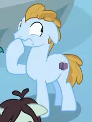 Size: 225x298 | Tagged: safe, derpibooru import, screencap, opulence, earth pony, pony, friendship university, cropped, hoof over mouth, image, jpeg, las pegasus resident, looking sideways, male, offscreen character, solo focus, stallion, wavy mouth