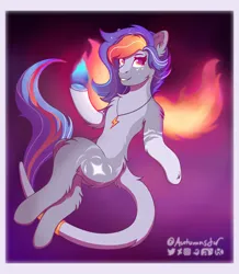 Size: 2023x2315 | Tagged: safe, alternate version, artist:autumnsfur, derpibooru import, oc, oc:blaze, unofficial characters only, earth pony, pony, artfight, artfight 2023, artfight2023, belly, blue fire, blue hair, blue mane, chest fluff, ear fluff, eyelashes, fake wings, female, fiery wings, fire, floating, fluffy, freckles, full body, gray coat, grey fur, image, jewelry, lightning, logo, long tail, looking at something, mare, markings, multicolored hair, multicolored mane, multicolored tail, necklace, orange eyes, orange hair, orange mane, png, purple hair, purple mane, red eyes, signature, simple background, smiling, tail, text, wings