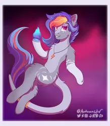 Size: 2023x2315 | Tagged: safe, alternate version, artist:autumnsfur, derpibooru import, oc, oc:blaze, unofficial characters only, earth pony, pony, artfight, artfight 2023, artfight2023, belly, blue fire, blue hair, blue mane, chest fluff, ear fluff, eyelashes, female, fire, floating, fluffy, freckles, full body, gray coat, gray fur, image, jewelry, lighting, logo, long tail, looking at something, mare, markings, multicolored hair, multicolored mane, multicolored tail, necklace, orange eyes, orange hair, orange mane, png, purple hair, purple mane, purple tail, red eyes, signature, simple background, smiling, tail, text