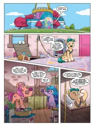 Size: 768x1024 | Tagged: safe, derpibooru import, idw, official, hitch trailblazer, izzy moonbow, kenneth, sunny starscout, armadillo, bird, earth pony, pony, rabbit, seagull, unicorn, g5, spoiler:comic, spoiler:g5comic, 40th anniversary special, animal, box, crystal brighthouse, female, image, jpeg, male, mare, rope, sheriff's badge, speech bubble, stallion, text, yarn, yarn ball