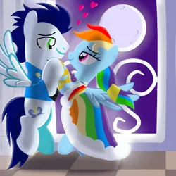 Size: 1400x1400 | Tagged: safe, artist:mlplary6, derpibooru import, rainbow dash, soarin', pegasus, pony, clothes, dancing, dress, female, flying, heart, image, looking at each other, looking at someone, love, male, mare, moon, moonlight, png, romantic, shipping, smiling, smiling at each other, soarindash, stallion, straight