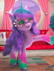 Size: 714x930 | Tagged: safe, derpibooru import, edit, edited screencap, screencap, izzy moonbow, g5, my little pony: make your mark, spoiler:g5, spoiler:my little pony: make your mark, spoiler:my little pony: make your mark chapter 4, spoiler:mymc04e05, acting, animated, couch, cropped, curtains, cushion, eloquent, eyeshadow, glitter, hoof on chest, hoof polish, image, makeup, mask, masquerade mask, my little pony: make your mark chapter 4, painted, pretend, solo, the manesquerade ball, voice, voice acting, webm, window