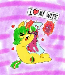 Size: 1783x2048 | Tagged: source needed, safe, artist:ombnom, derpibooru import, oc, oc:burger mare, earth pony, pony, unicorn, body pillow, duo, eyes closed, female, glasses, heart, image, jpeg, lesbian, open mouth, smiling, text