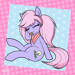 Size: 1920x1920 | Tagged: safe, artist:theratedrshimmer, derpibooru import, oc, oc:dandelette, earth pony, pony, :p, bandana, cute, earth pony oc, eyes closed, female, image, ocbetes, passepartout, png, solo, tongue out