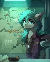 Size: 3012x3748 | Tagged: safe, artist:chamommile, derpibooru import, oc, oc:midnight dagger, unofficial characters only, bat pony, pegasus, pony, blue eyes, blue hair, blue mane, bunker, cigarette, clothes, commission, ear piercing, female, image, looking at you, map, pegasus oc, piercing, png, serious, serious face, smoke, smoking, solo, wings, ych result