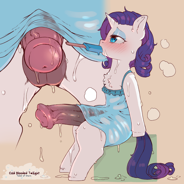 Size: 1200x1200 | Tagged: explicit, artist:cold-blooded-twilight, derpibooru import, rarity, balls, blushing, clothes, eyeshadow, female, food, futa, horsecock, image, intersex, makeup, nudity, panting, penis, png, popsicle, see-through, sitting, spread legs, spreading, summer dress, sweat
