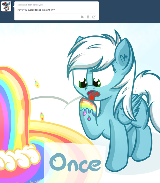 Size: 1280x1462 | Tagged: safe, artist:ask-fleetfoot, derpibooru import, fleetfoot, pony, ask-fleetfoot, female, filly, foal, image, liquid rainbow, png, solo, taste the rainbow, younger