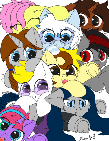 Size: 619x800 | Tagged: safe, artist:dust, artist:fliegerfausttop47, derpibooru import, oc, oc:azure interdictor, oc:blood moon, oc:countess sweet bun, oc:dark, oc:dust, oc:lightpoint, oc:nocturnal vision, oc:woj-tek, unofficial characters only, bat pony, earth pony, original species, pegasus, plane pony, pony, unicorn, blue coat, blue eyes, blue mane, braid, braided ponytail, braided tail, brown coat, brown eyes, cheek fluff, chest fluff, cuddle puddle, cuddling, cute, daaaaaaaaaaaw, description is relevant, digital art, digitally colored, ear fluff, eyes closed, fluffy, glasses, gray coat, happy, image, looking at someone, looking at you, lying down, not fluttershy, ocbetes, pencil drawing, plane, png, pony pile, ponytail, prone, purple coat, purple eyes, red eyes, redraw, simple background, slit pupils, smiling, snuggling, squish, story included, tail, too many ponies, traditional art, white coat