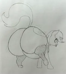 Size: 2907x3275 | Tagged: suggestive, derpibooru import, oc, oc:lyrical touch, pony, bottom heavy, butt, fishnets, foalcon, huge butt, hyper, hyper butt, image, impossibly large butt, jpeg, large butt, monochrome, pacifier, sketch, traditional art, underage