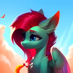 Size: 4096x4096 | Tagged: safe, derpibooru import, editor:darkshy, machine learning generated, stable diffusion, oc, pegasus, pony, ai content, blue eyes, evening, generator:purplesmart.ai, green body, image, pegasus oc, png, sky, wings