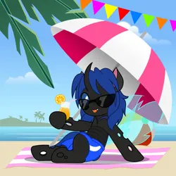 Size: 5000x5000 | Tagged: safe, artist:jhayarr23, derpibooru import, orange slice, oc, oc:swift dawn, unofficial characters only, changeling, :p, absurd resolution, beach, beach ball, beach umbrella, blue changeling, blue eyes, changeling oc, clothes, cloud, commission, detailed background, drink, fangs, high res, horn, image, looking at you, lounging, male, ocean, one eye closed, palm tree, pennant, png, shorts, smiling, smiling at you, solo, straw, sunglasses, swimsuit, tongue out, towel, tree, umbrella, water, wings, wink, ych result