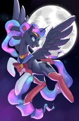 Size: 1336x2048 | Tagged: safe, artist:rirurirue, derpibooru import, princess luna, alicorn, pony, alternate hairstyle, boots, clothes, cosplay, costume, female, full moon, image, jpeg, mare, moon, open mouth, open smile, sailor luna, sailor moon, shoes, smiling, solo, spread wings, thigh boots, wings