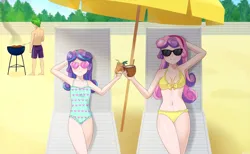 Size: 1138x702 | Tagged: safe, artist:riouku, derpibooru import, princess flurry heart, spike, sweetie belle, human, beach, bikini, clothes, commission, female, grill, humanized, image, jpeg, male, one-piece swimsuit, sand, shipping, spikebelle, straight, sunglasses, swimsuit, uncle spike