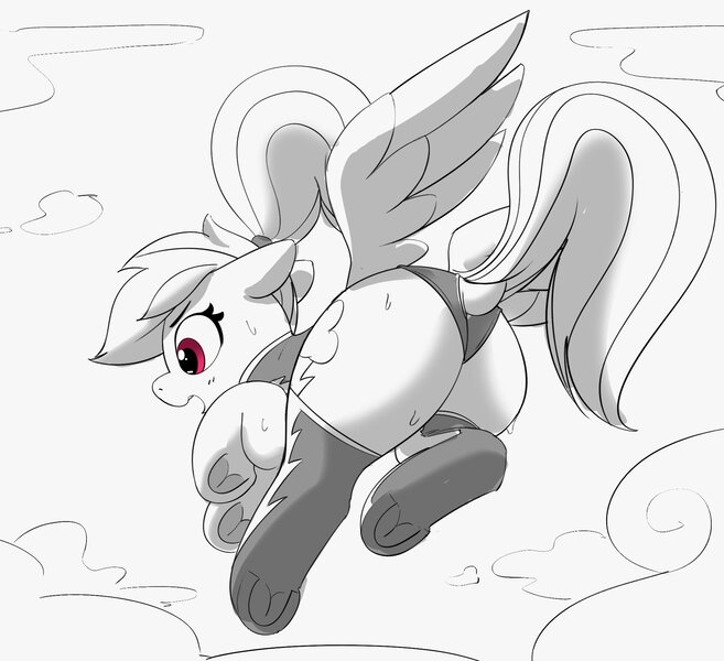 Size: 1918x1751 | Tagged: suggestive, artist:pabbley, derpibooru import, rainbow dash, pegasus, pony, alternate hairstyle, butt, clothes, dock, female, floppy ears, flying, frog (hoof), grayscale, image, jpeg, large butt, low angle, mare, monochrome, open mouth, open smile, partial color, plot, ponytail, rainbutt dash, smiling, socks, solo, solo female, sweat, tail, underhoof, uniform, wonderbolts uniform
