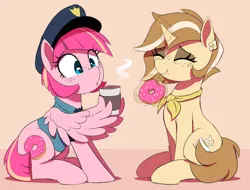 Size: 1150x875 | Tagged: safe, artist:thebatfang, derpibooru import, oc, oc:latte luxury, oc:sweet serving, pegasus, pony, unicorn, blowing, clothes, coffee, crumbs, donut, eating, eyes closed, food, hat, image, magic, png, police hat, police pony, police uniform, simple background, sitting, steam, telekinesis, wing hold, wings