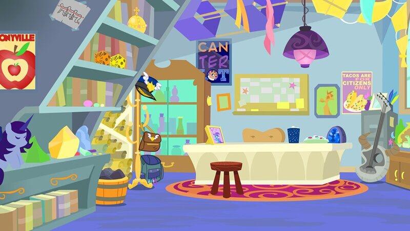 Size: 800x450 | Tagged: safe, derpibooru import, edit, edited screencap, screencap, a horse shoe-in, background, basket, book, bookshelf, bottle, box kite, canterlot, chair, desk, file cabinet, guitar, hat, image, jpeg, kite, musical instrument, no pony, plushie, poster, quill, rug, satchel, scroll, starlight's office, stool, trash can