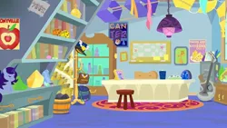 Size: 800x450 | Tagged: safe, derpibooru import, edit, edited screencap, screencap, a horse shoe-in, background, basket, book, bookshelf, bottle, box kite, canterlot, chair, desk, file cabinet, guitar, hat, image, jpeg, kite, musical instrument, no pony, plushie, poster, quill, rug, satchel, scroll, starlight's office, stool, trash can