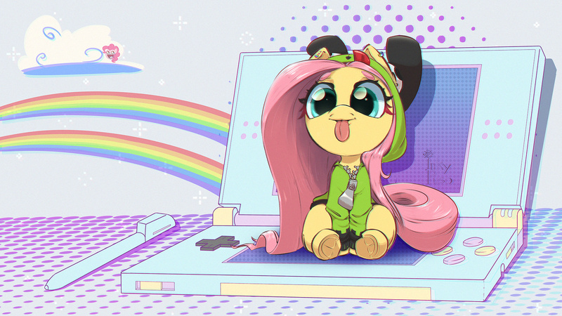 Size: 1776x1000 | Tagged: safe, artist:inkypuso, derpibooru import, fluttershy, pinkie pie, pegasus, pony, antonymph, awesome face, cute, double rainbow, female, fluttgirshy, frog (hoof), gir, image, jpeg, looking at you, mare, nintendo ds, rainbow, shyabetes, signature, sitting, smiling, smiling at you, solo, tongue out, underhoof