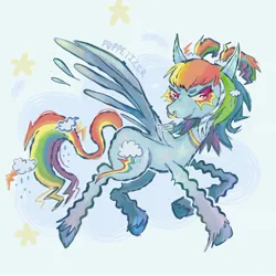 Size: 2048x2048 | Tagged: safe, artist:puppetizer, derpibooru import, rainbow dash, pegasus, pony, alternate design, alternate hairstyle, image, jpeg, nose piercing, nose ring, piercing, ponytails, redesign, solo, spread wings, wings