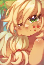 Size: 2572x3768 | Tagged: safe, artist:dedfriend, derpibooru import, applejack, earth pony, pony, alternative cutie mark placement, apple, apple tree, bust, cheek fluff, cute, eye clipping through hair, eyebrows, eyebrows visible through hair, female, food, image, jackabetes, looking at you, mare, missing accessory, one eye closed, png, portrait, raised hoof, signature, smiling, solo, tree, wink, winking at you