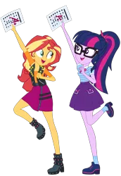 Size: 4000x5818 | Tagged: safe, artist:gmaplay, derpibooru import, final countdown, sci-twi, sunset shimmer, twilight sparkle, equestria girls, equestria girls series, the finals countdown, boots, clothes, cute, duo, duo female, female, happy, image, jumping, las pegasus resident, png, shoes, simple background, skirt, transparent background