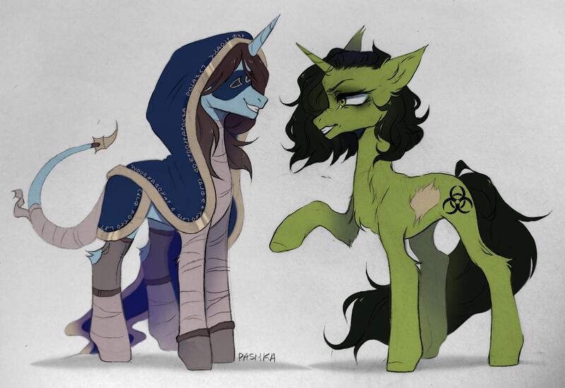 Size: 5013x3438 | Tagged: safe, artist:pashka, derpibooru import, oc, oc:poison kiss, oc:shifty sights, unofficial characters only, unicorn, fanfic:iron hearts, argument, bandage, blindfold, chaos, clothes, crossover, cultist, duo, duo female, female, horn, image, jpeg, nurgle, robe, tzeentch, unicorn oc, warhammer (game), warhammer 40k, wrapping