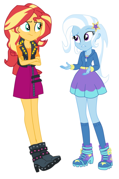 Size: 3000x4502 | Tagged: safe, artist:gmaplay, derpibooru import, sunset shimmer, trixie, equestria girls, equestria girls series, forgotten friendship, boots, clothes, female, image, lesbian, png, shipping, shoes, solo, suntrix