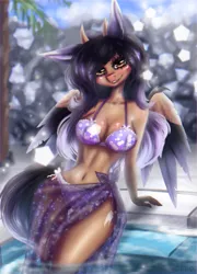 Size: 1301x1810 | Tagged: suggestive, artist:agleo, derpibooru import, oc, oc:alexus nictivia, anthro, pegasus, beautiful, beautisexy, bikini, clothes, colored wings, hybrid oc, image, png, sarong, sexy, solo, swimming pool, swimsuit, wings