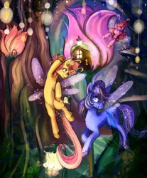 Size: 1182x1426 | Tagged: safe, artist:twiddletwum, derpibooru import, oc, breezie, breezie oc, flying, forest, image, jpeg, tree, trio