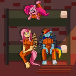 Size: 1920x1920 | Tagged: safe, artist:jamesnoz1s, derpibooru import, fluttershy, pinkie pie, rainbow dash, anthro, earth pony, pegasus, unguligrade anthro, bed, breasts, bunk bed, clothes, happy, image, jail cell, jail.prison, jumpsuit, never doubt rainbowdash69's involvement, pillow, png, prison outfit, prisoner, prisoner ft, prisoner pp, prisoner rd, rainbow dash is not amused, trio, unamused, varying degrees of want