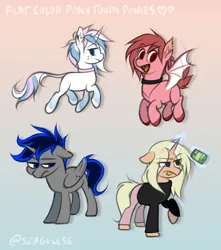 Size: 1776x2008 | Tagged: safe, artist:umamipenis, derpibooru import, oc, unofficial characters only, alicorn, bat pony, earth pony, pony, unicorn, alicorn oc, bat pony oc, bat wings, choker, clothes, cross-popping veins, ear fluff, ear piercing, emanata, fangs, female, flapping wings, flying, folded wings, frustrated, glow, glowing horn, gradient background, horn, image, leonine tail, levitation, lidded eyes, looking at you, magic, magic aura, mare, open mouth, open smile, pants, piercing, png, raised tail, shirt, smiling, spread wings, tail, telekinesis, tongue out, unicorn oc, wings