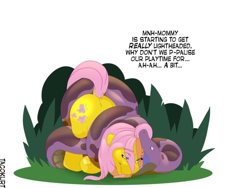 Size: 4480x3508 | Tagged: semi-grimdark, artist:omnifelpur, artist:tacokurt, derpibooru import, fluttershy, snake, absurd resolution, coiling, coils, constriction, dialogue, eye clipping through hair, fetish, flutterprey, forest, forest background, head first, image, imminent death, imminent vore, open mouth, png, simple background, soft vore, speech bubble, squeezing, standing, suffocating, tongue out, transparent background, tree, vore