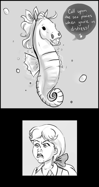 Size: 1280x2400 | Tagged: safe, artist:yunyin, derpibooru import, megan williams, human, sea pony, g1, 2 panel comic, bow, comic, dialogue, disgusted, female, hair bow, hoers, image, jpeg, monochrome, shoo be doo, speech bubble, underwater, water